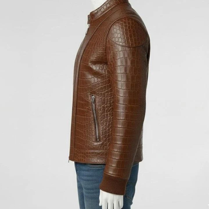 Mens Brown Crocodile Embossed Genuine Leather Jacket Slim Fit