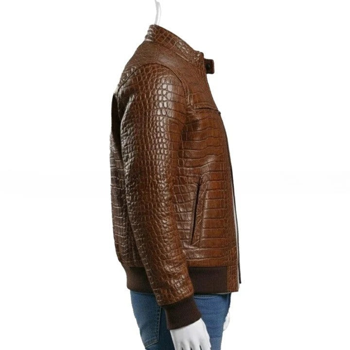 Mens Brown Textured Leather Jacket Handmade Zip Up Coat
