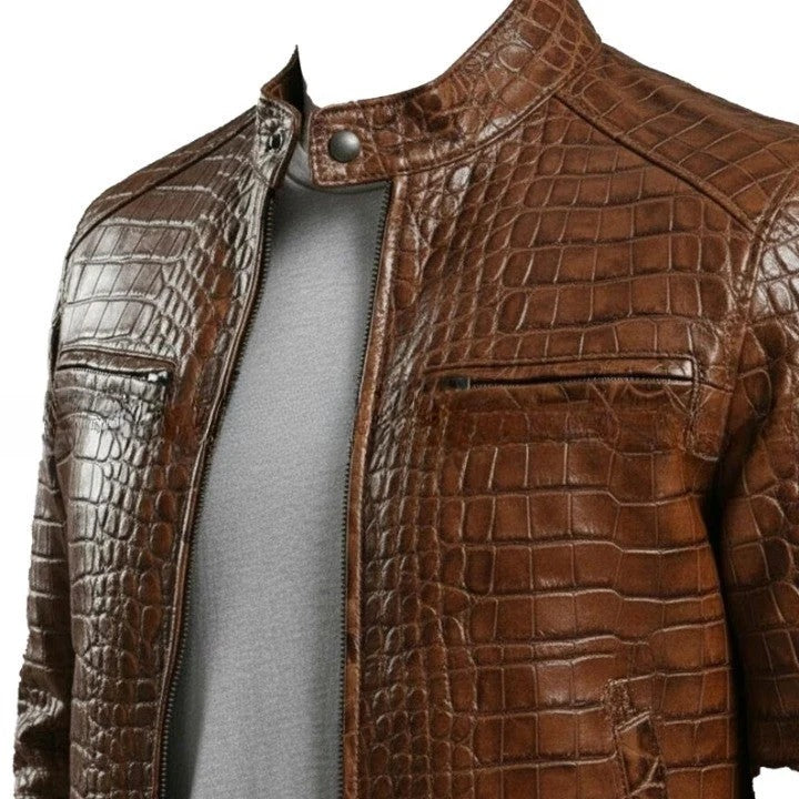 Mens Brown Textured Leather Jacket Handmade Zip Up Coat