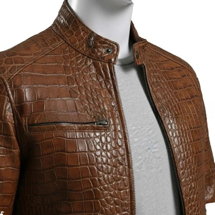 Mens Brown Textured Leather Jacket Handmade Zip Up Coat