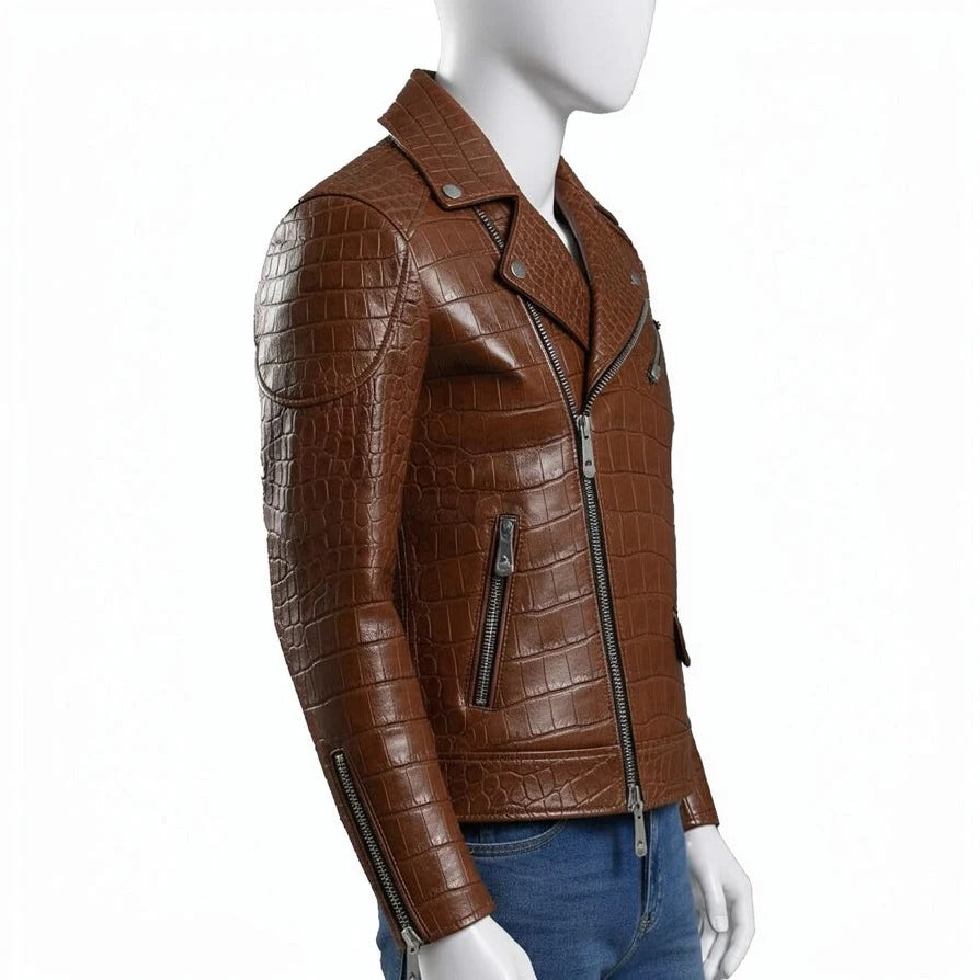 Brown Crocodile Embossed Genuine Leather Biker Jacket