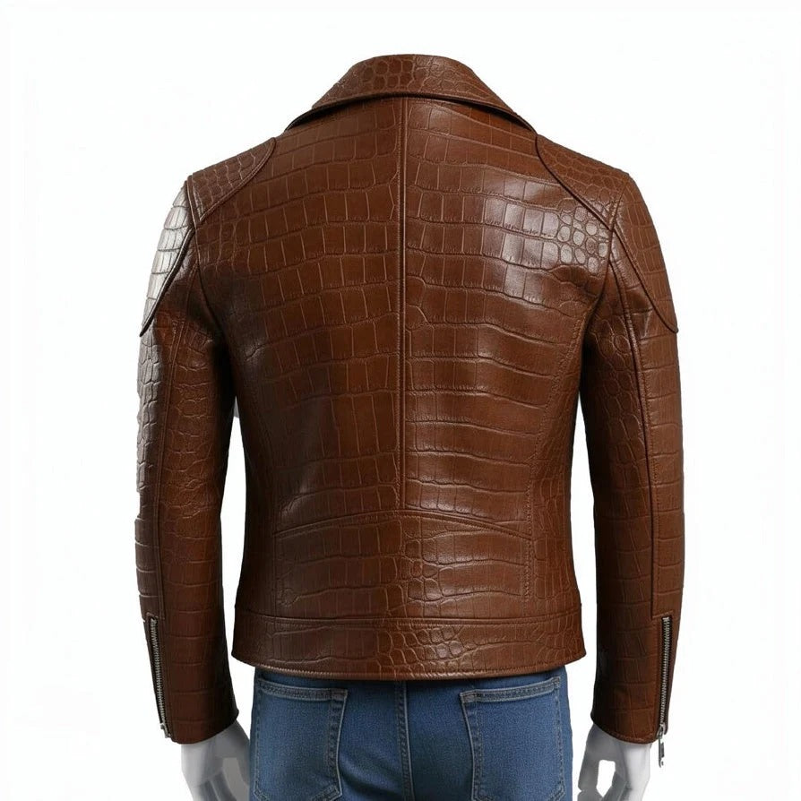 Brown Crocodile Embossed Genuine Leather Biker Jacket
