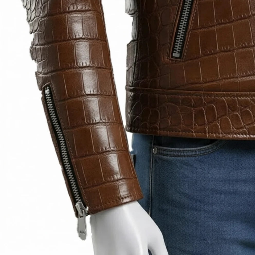 Brown Crocodile Embossed Genuine Leather Biker Jacket