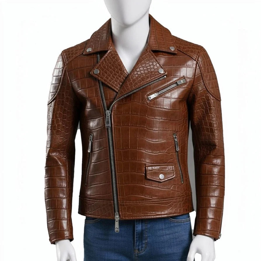 Brown Crocodile Embossed Genuine Leather Biker Jacket