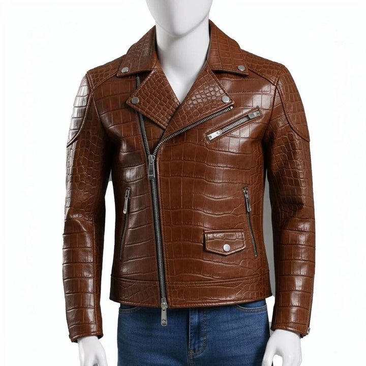 Brown Crocodile Embossed Genuine Leather Biker Jacket