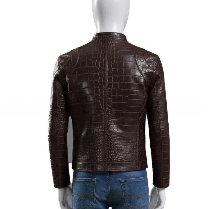 Textured Brown Leather Biker Jacket Croc Pattern Finish
