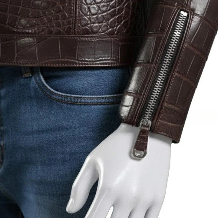 Textured Brown Leather Biker Jacket Croc Pattern Finish