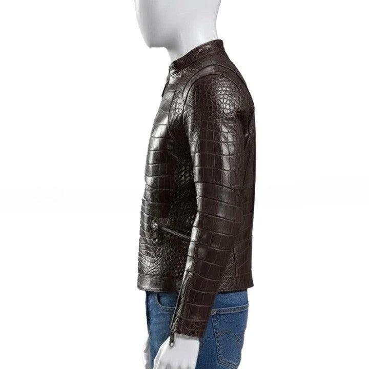 Textured Brown Leather Biker Jacket Croc Pattern Finish
