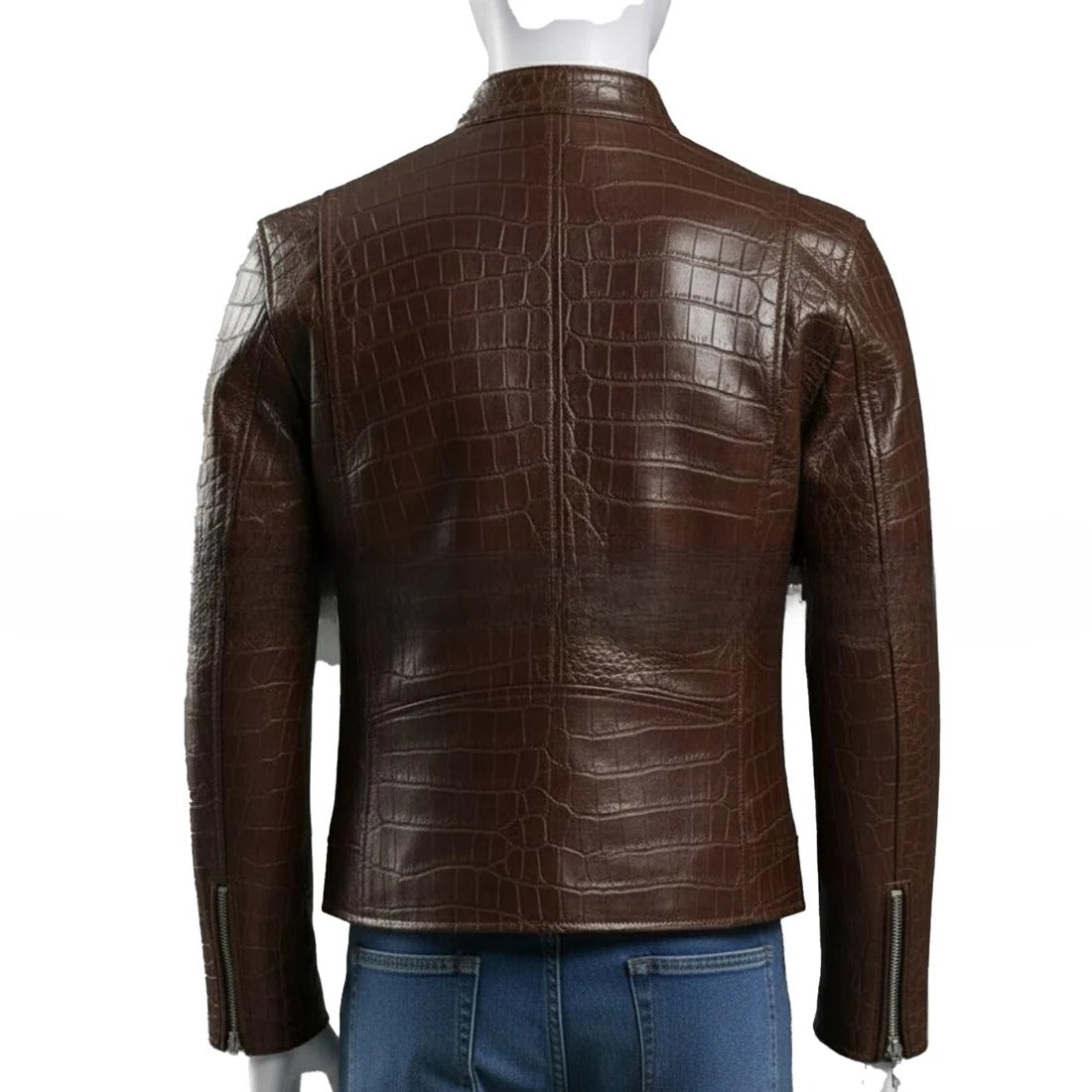 Handmade Brown Crocodile Embossed Genuine Leather Biker Jacket