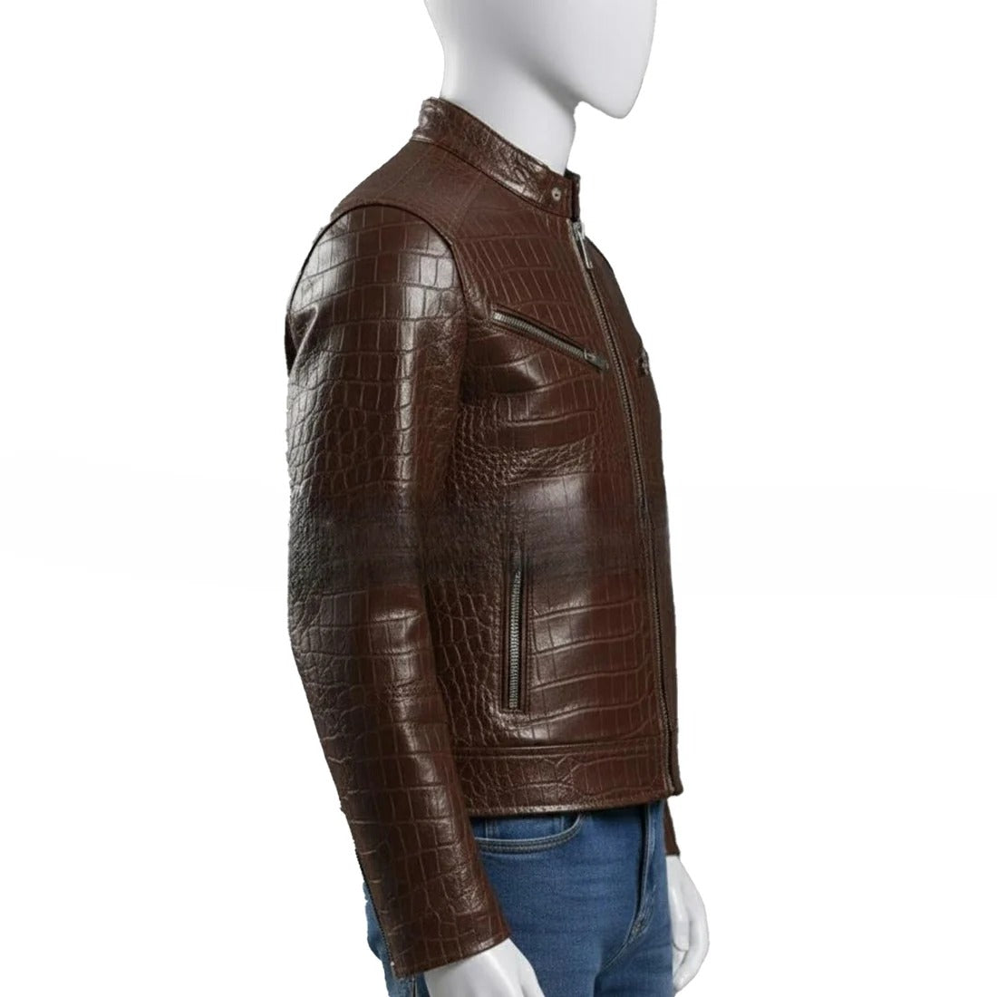 Handmade Brown Crocodile Embossed Genuine Leather Biker Jacket