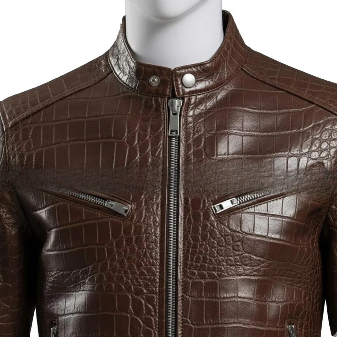 Handmade Brown Crocodile Embossed Genuine Leather Biker Jacket