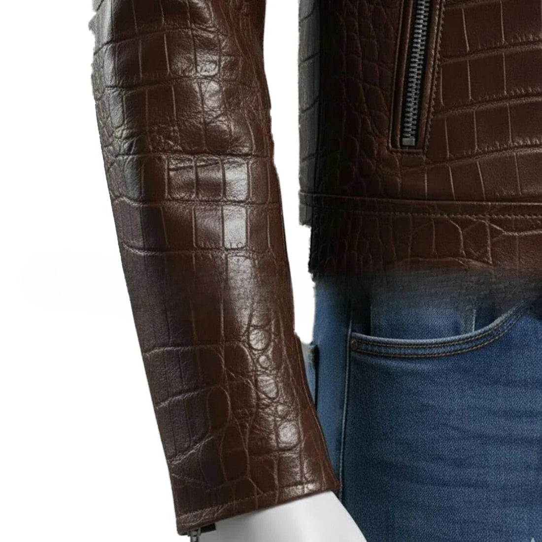 Handmade Brown Crocodile Embossed Genuine Leather Biker Jacket
