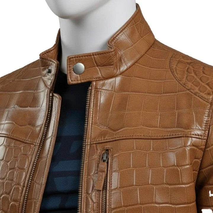 Mens Tan Brown Crocodile Embossed Genuine Leather Jacket