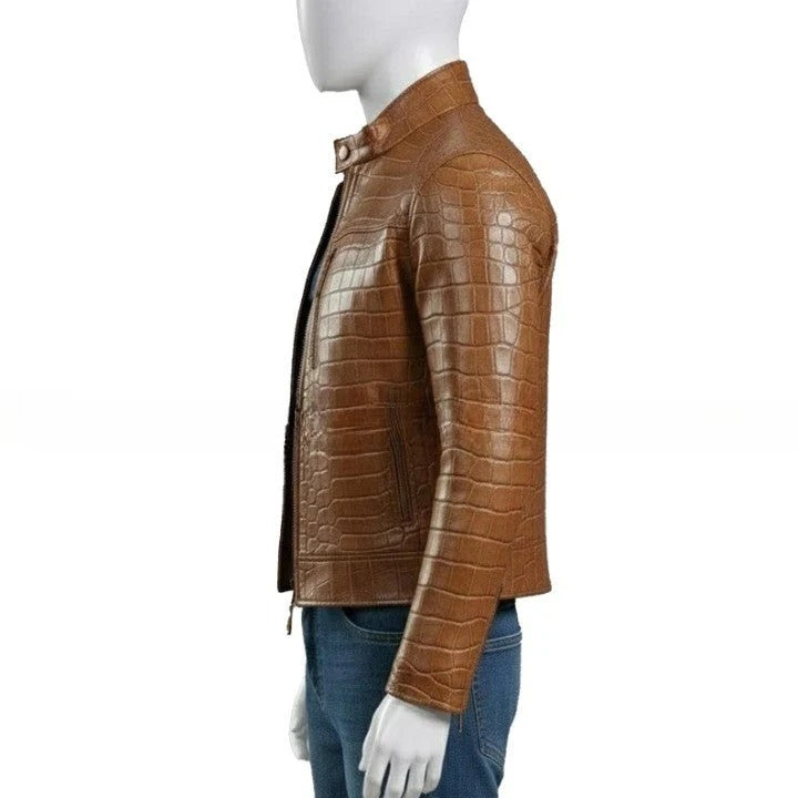 Mens Tan Brown Crocodile Embossed Genuine Leather Jacket