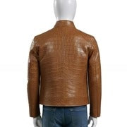 Mens Tan Brown Crocodile Embossed Genuine Leather Jacket