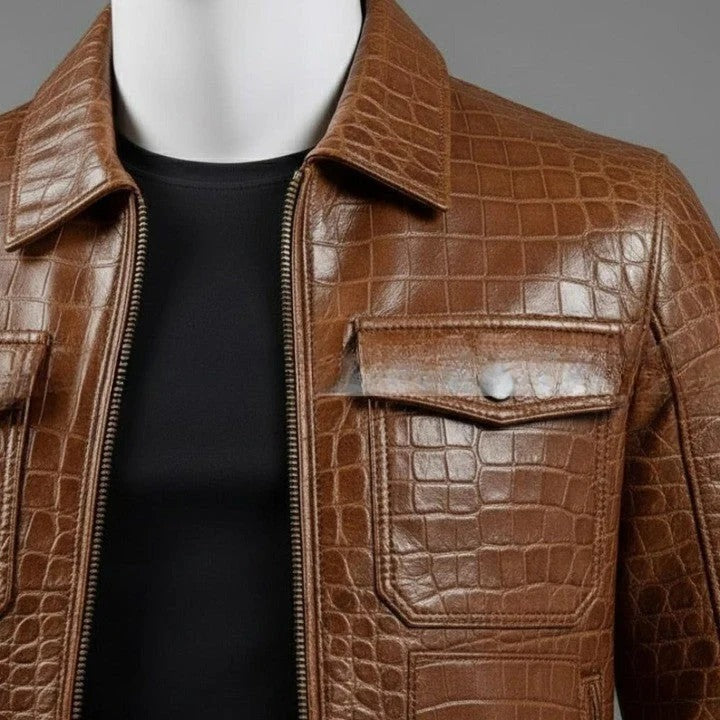 Mens Brown Croc Embossed Genuine Leather Trucker Jacket