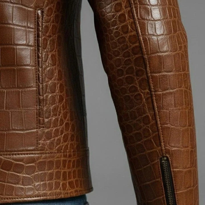 Mens Brown Croc Embossed Genuine Leather Trucker Jacket