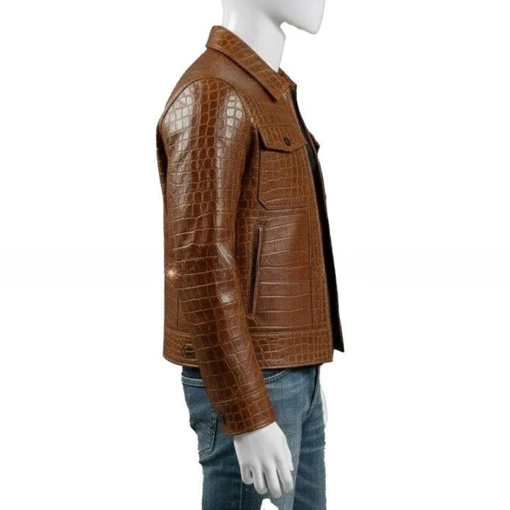 Mens Brown Croc Embossed Genuine Leather Trucker Jacket