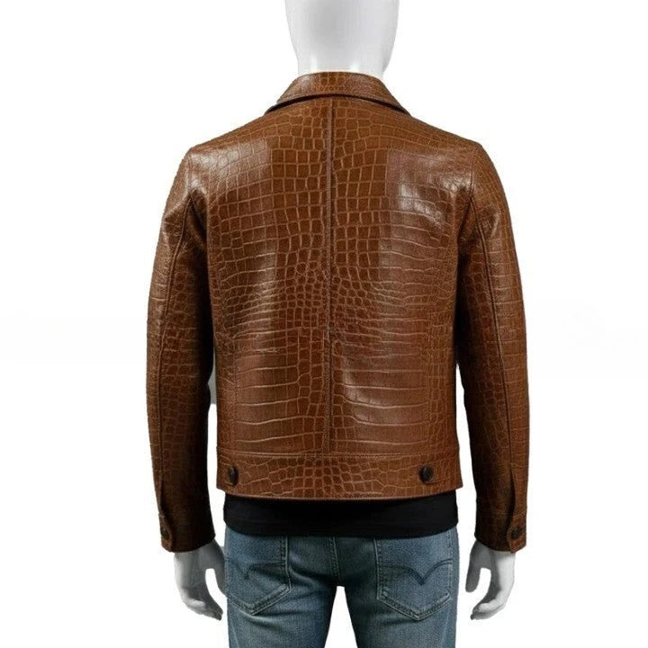 Mens Brown Croc Embossed Genuine Leather Trucker Jacket