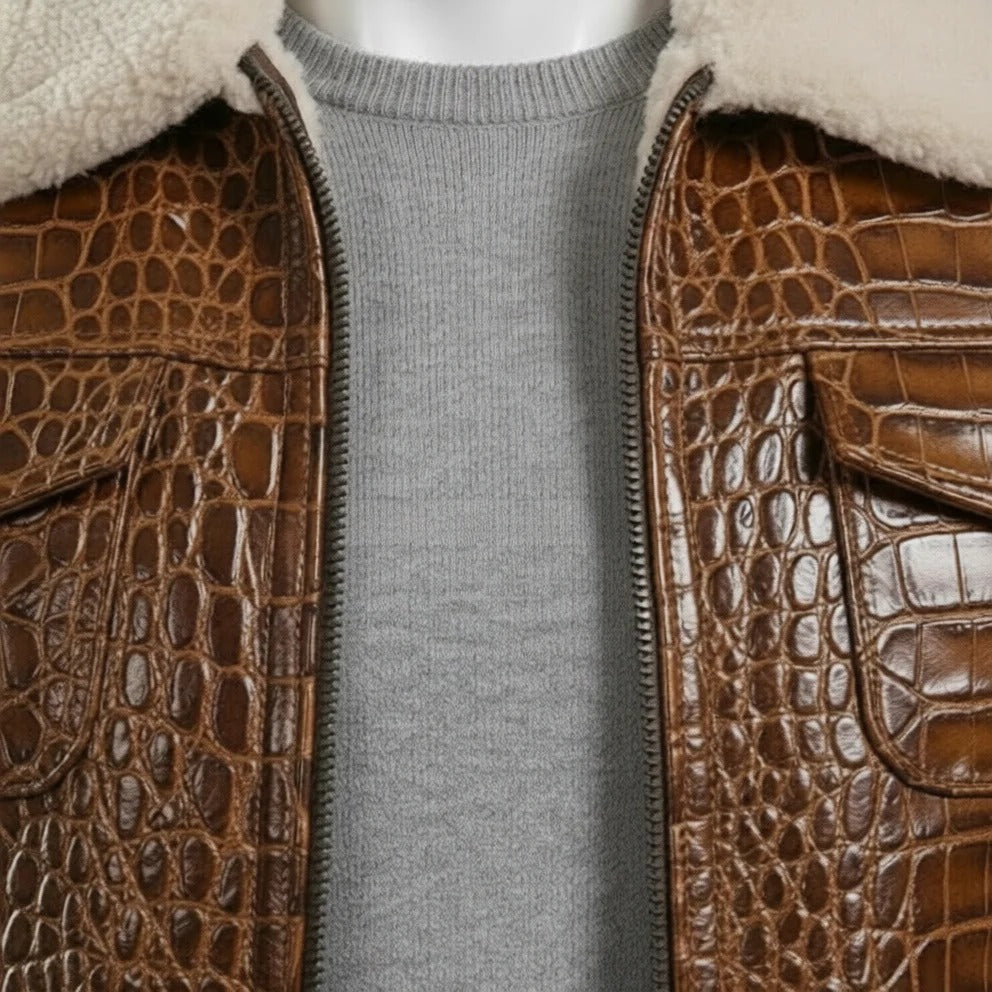 Brown Textured Leather Jacket Mens Winter Coat with Shearling Collar