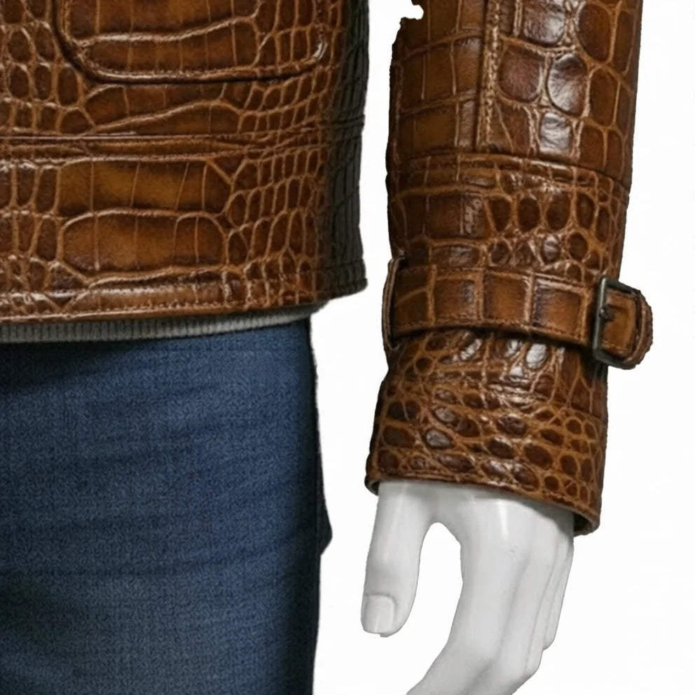 Brown Textured Leather Jacket Mens Winter Coat with Shearling Collar