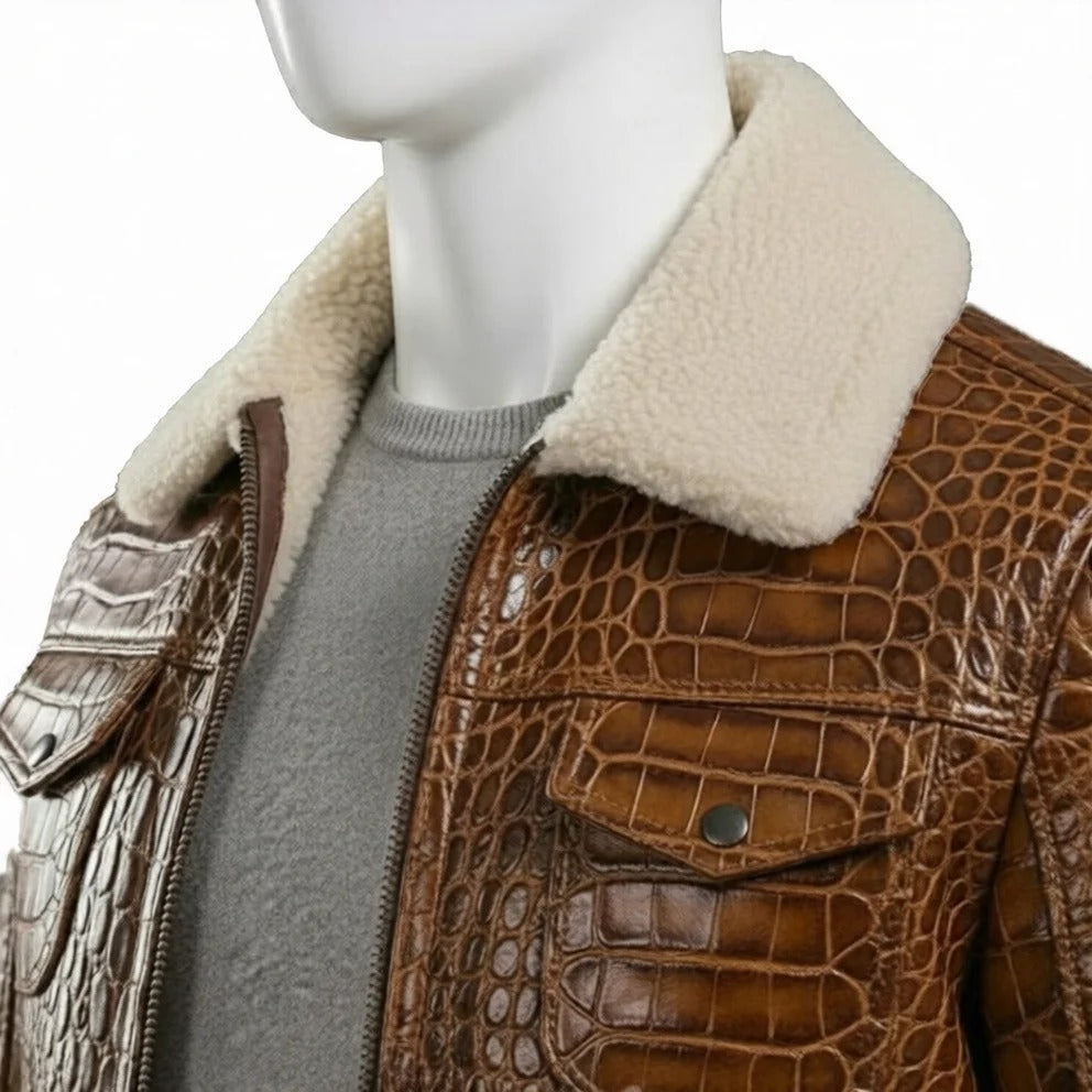 Brown Textured Leather Jacket Mens Winter Coat with Shearling Collar
