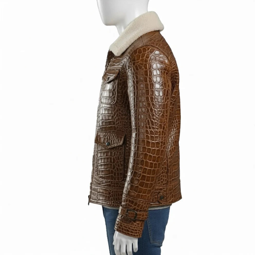 Brown Textured Leather Jacket Mens Winter Coat with Shearling Collar
