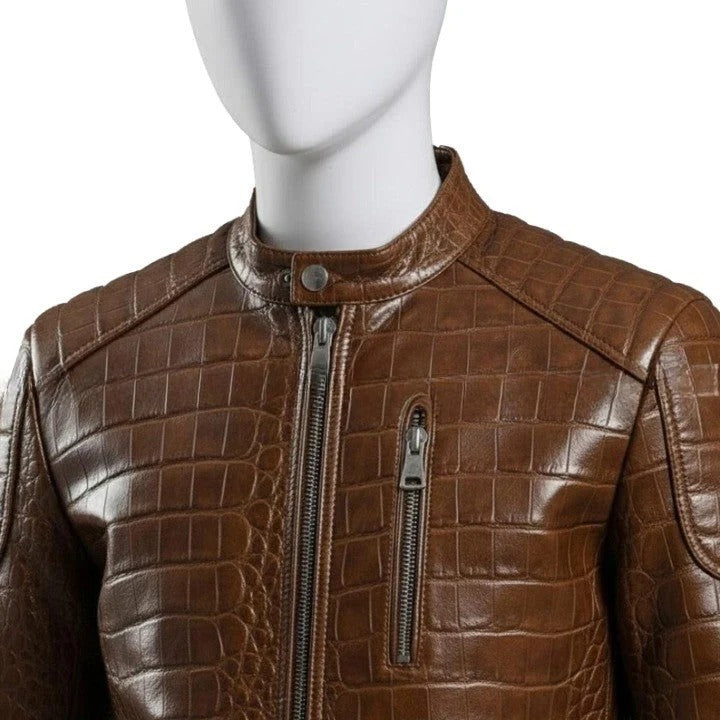Mens Brown Crocodile Embossed Leather Biker Jacket Slim Fit Aviator Coat