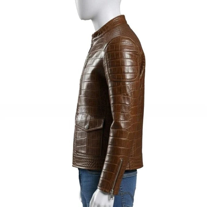 Mens Brown Crocodile Embossed Leather Biker Jacket Slim Fit Aviator Coat
