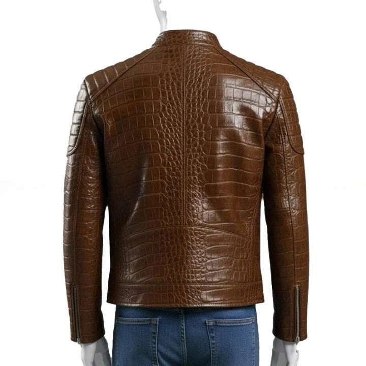 Mens Brown Crocodile Embossed Leather Biker Jacket Slim Fit Aviator Coat