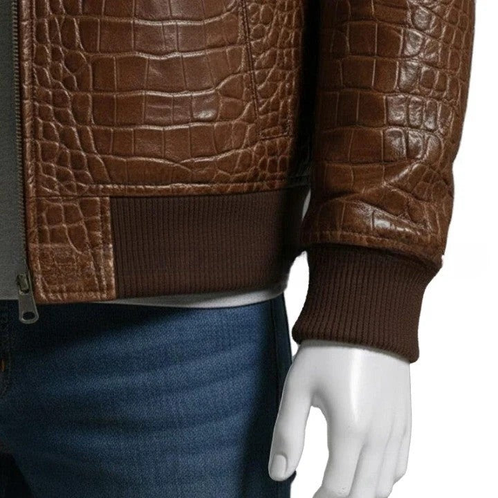 Mens Brown Croc Embossed Genuine Leather Hoodie Biker Jacket
