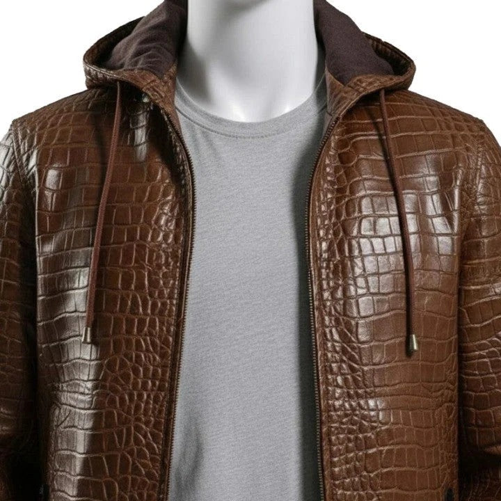 Mens Brown Croc Embossed Genuine Leather Hoodie Biker Jacket
