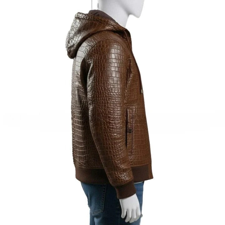 Mens Brown Croc Embossed Genuine Leather Hoodie Biker Jacket