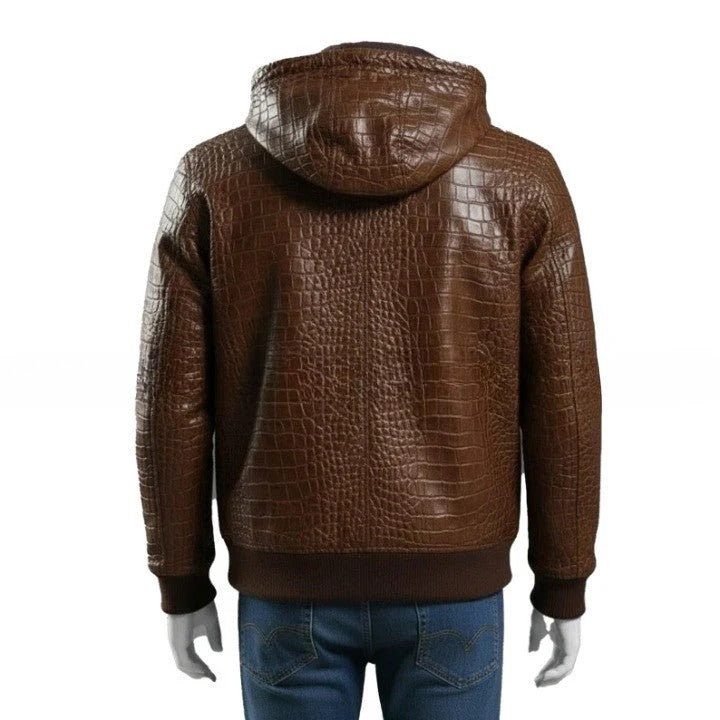 Mens Brown Croc Embossed Genuine Leather Hoodie Biker Jacket