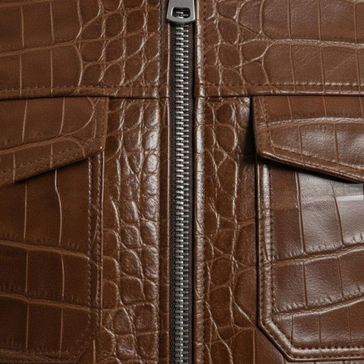 Mens Crocodile Embossed Leather Bomber Jacket Genuine Leather Aviator Coat
