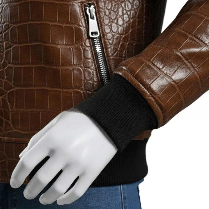 Mens Crocodile Embossed Leather Bomber Jacket Genuine Leather Aviator Coat