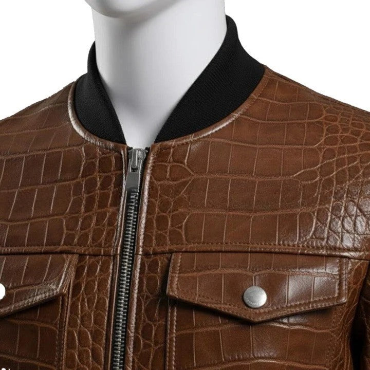 Mens Crocodile Embossed Leather Bomber Jacket Genuine Leather Aviator Coat