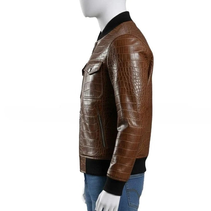 Mens Crocodile Embossed Leather Bomber Jacket Genuine Leather Aviator Coat