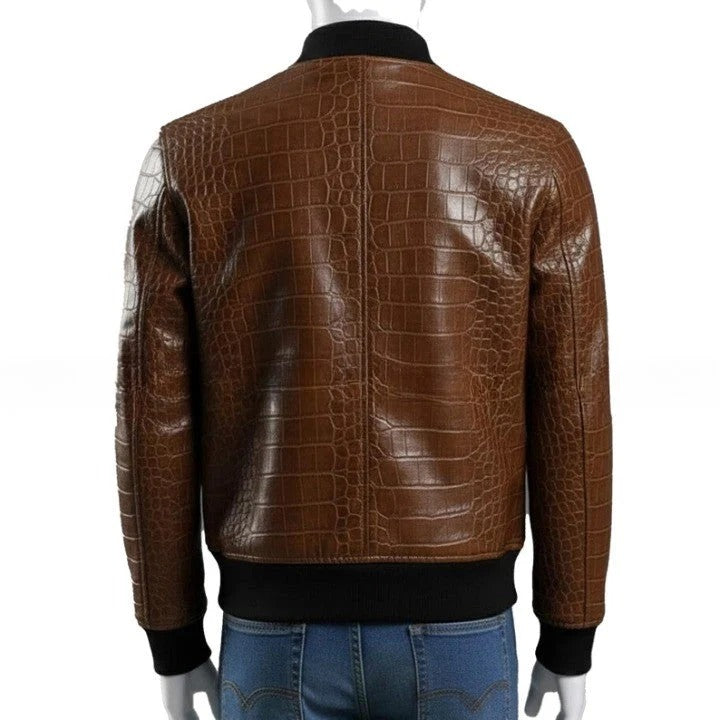 Mens Crocodile Embossed Leather Bomber Jacket Genuine Leather Aviator Coat