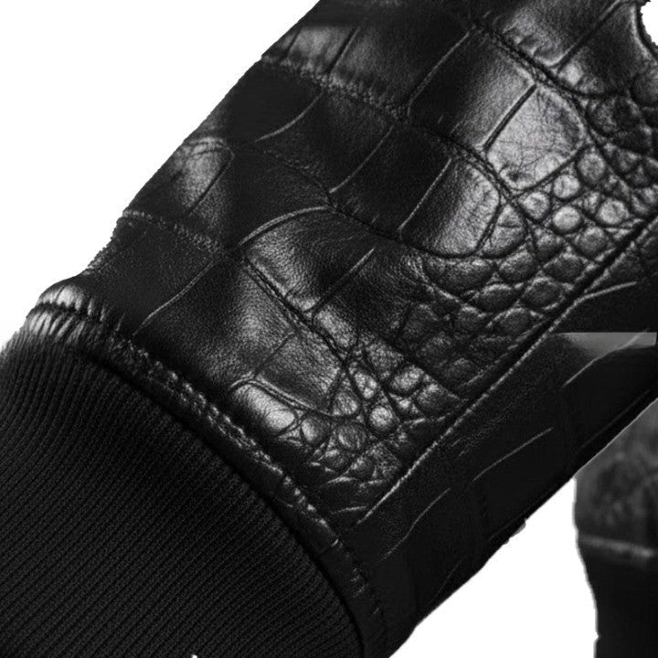 Luxury Crocodile Embossed Leather Jacket Black Genuine Leather Bomber Style Coat For Men