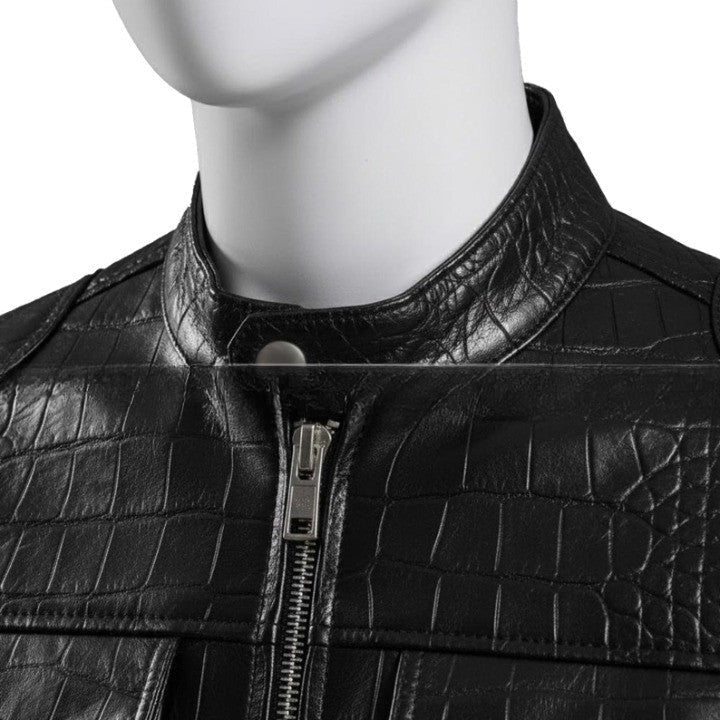 Luxury Crocodile Embossed Leather Jacket Black Genuine Leather Bomber Style Coat For Men