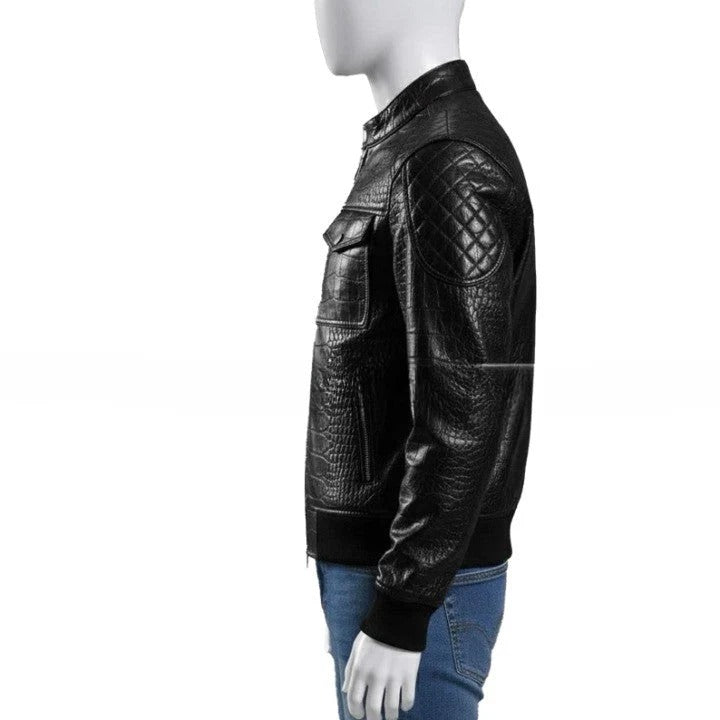 Luxury Crocodile Embossed Leather Jacket Black Genuine Leather Bomber Style Coat For Men
