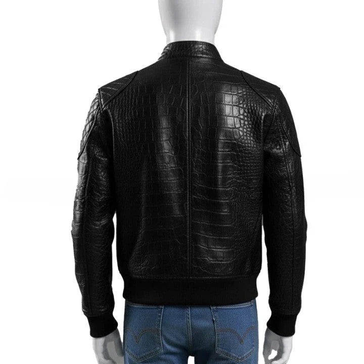 Luxury Crocodile Embossed Leather Jacket Black Genuine Leather Bomber Style Coat For Men