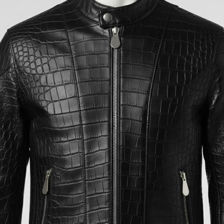 Mens Crocodile Embossed Leather Biker Jacket Slim Fit Aviator Coat