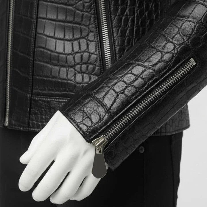 Mens Crocodile Embossed Leather Biker Jacket Slim Fit Aviator Coat