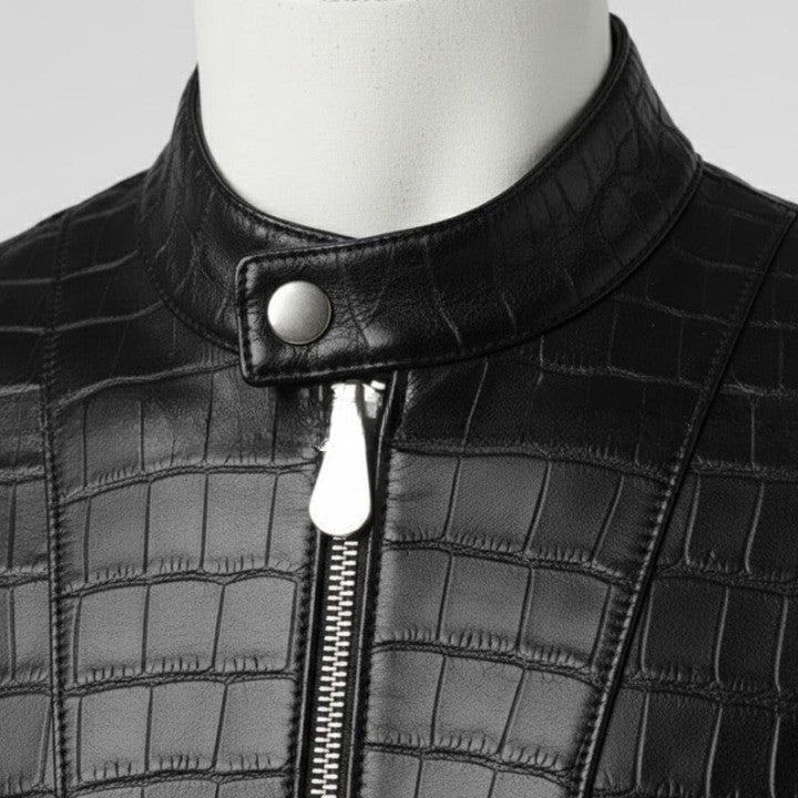 Mens Crocodile Embossed Leather Biker Jacket Slim Fit Aviator Coat