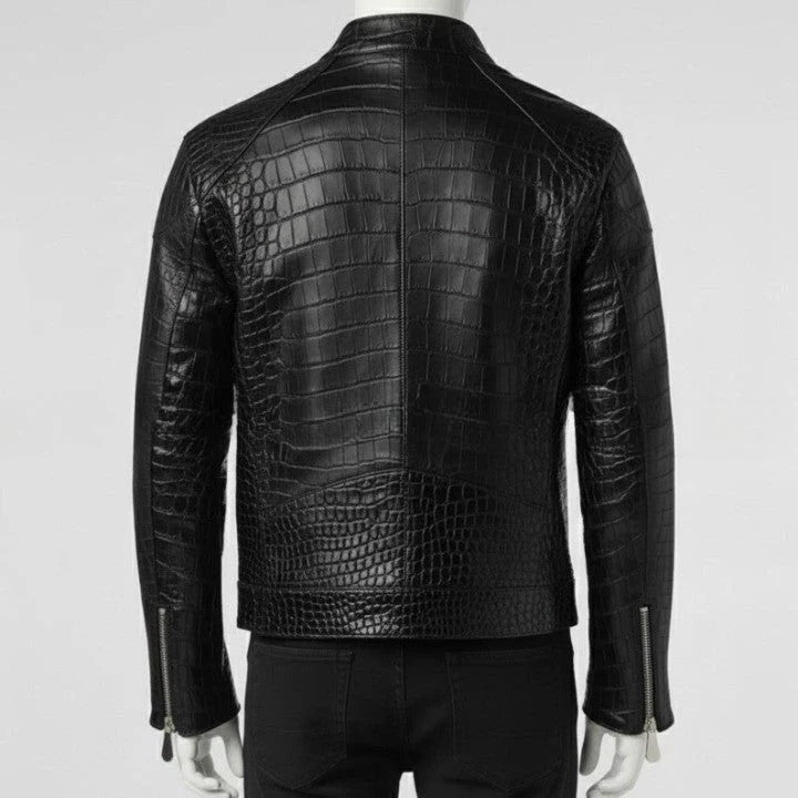 Mens Crocodile Embossed Leather Biker Jacket Slim Fit Aviator Coat