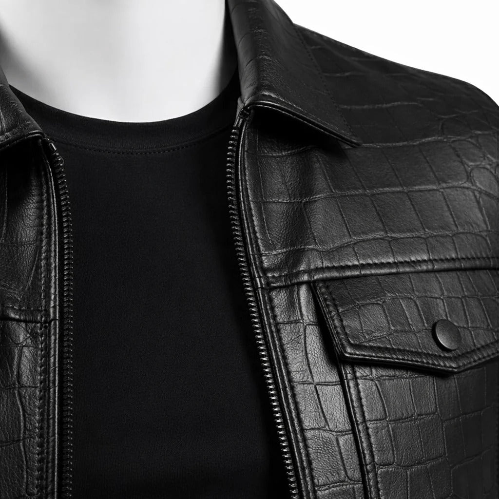 Mens Black Crocodile Embossed Genuine Leather Aviator Jacket