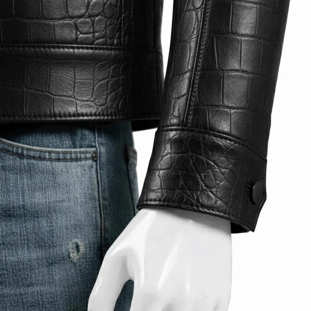 Mens Black Crocodile Embossed Genuine Leather Aviator Jacket