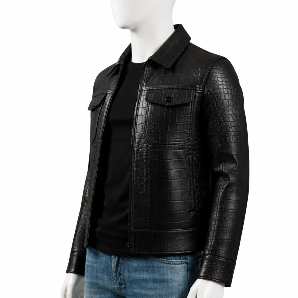 Mens Black Crocodile Embossed Genuine Leather Aviator Jacket